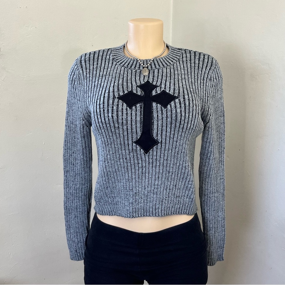 Gray Ribbed Sweater with Black Cross Design